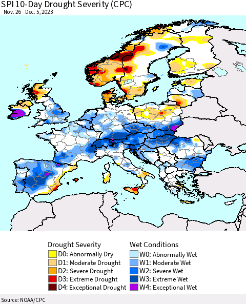 Europe SPI 10-Day Drought Severity (CPC) Thematic Map For 11/26/2023 - 12/5/2023