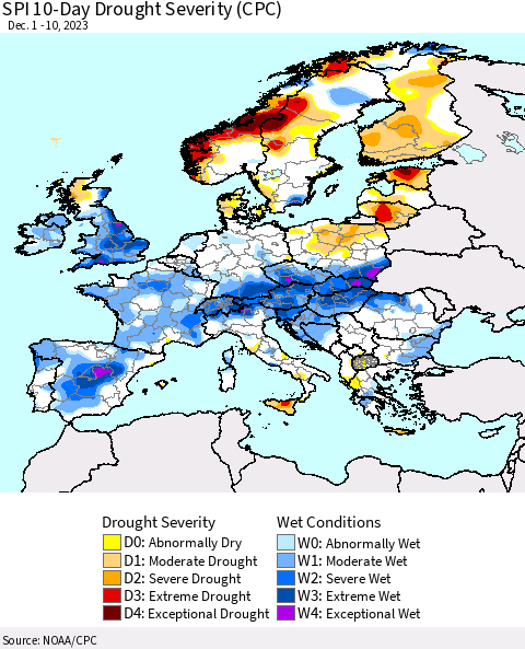 Europe SPI 10-Day Drought Severity (CPC) Thematic Map For 12/1/2023 - 12/10/2023