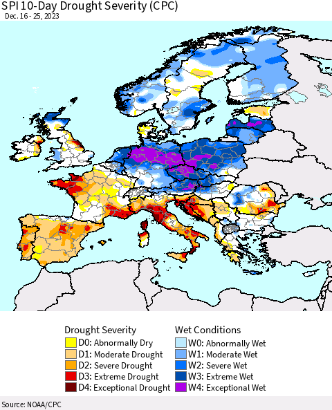 Europe SPI 10-Day Drought Severity (CPC) Thematic Map For 12/16/2023 - 12/25/2023