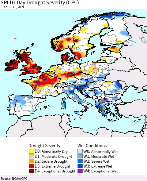 Europe SPI 10-Day Drought Severity (CPC) Thematic Map For 1/6/2024 - 1/15/2024