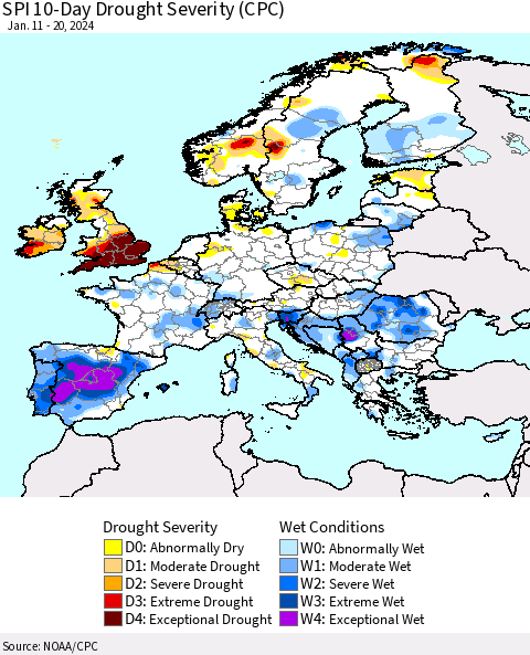 Europe SPI 10-Day Drought Severity (CPC) Thematic Map For 1/11/2024 - 1/20/2024