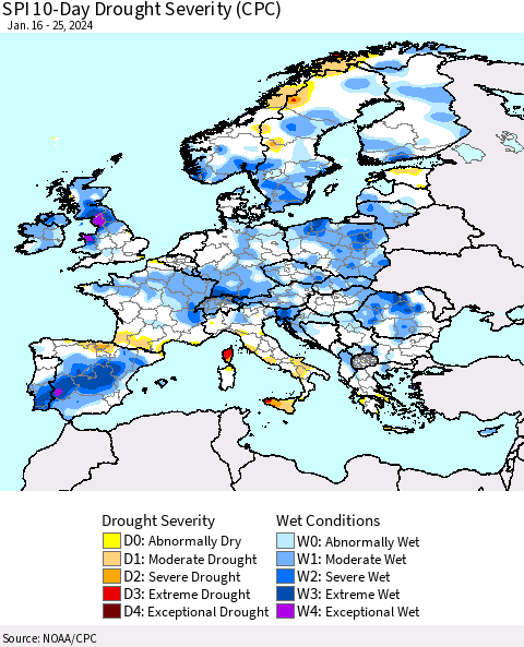 Europe SPI 10-Day Drought Severity (CPC) Thematic Map For 1/16/2024 - 1/25/2024
