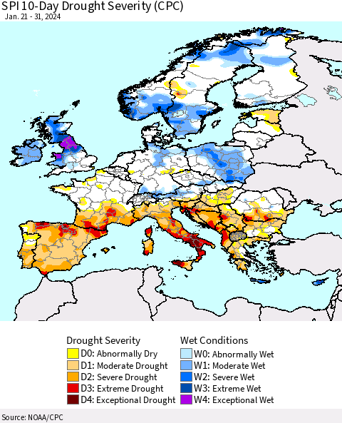 Europe SPI 10-Day Drought Severity (CPC) Thematic Map For 1/21/2024 - 1/31/2024