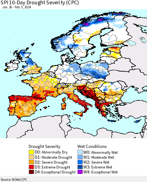 Europe SPI 10-Day Drought Severity (CPC) Thematic Map For 1/26/2024 - 2/5/2024