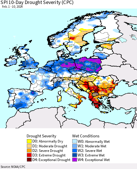 Europe SPI 10-Day Drought Severity (CPC) Thematic Map For 2/1/2024 - 2/10/2024