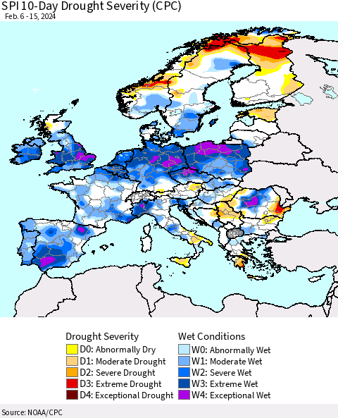 Europe SPI 10-Day Drought Severity (CPC) Thematic Map For 2/6/2024 - 2/15/2024