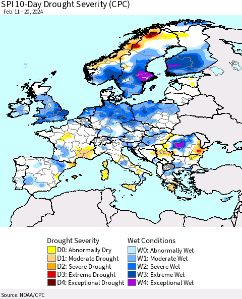 Europe SPI 10-Day Drought Severity (CPC) Thematic Map For 2/11/2024 - 2/20/2024
