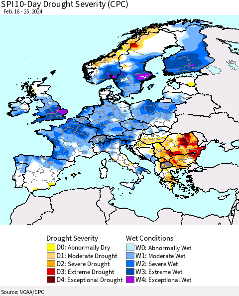 Europe SPI 10-Day Drought Severity (CPC) Thematic Map For 2/16/2024 - 2/25/2024