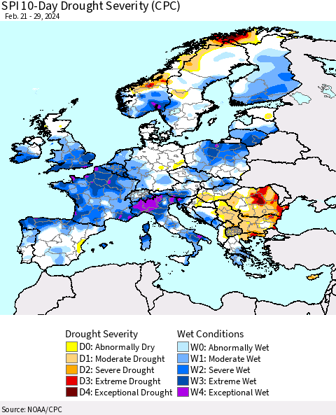 Europe SPI 10-Day Drought Severity (CPC) Thematic Map For 2/21/2024 - 2/29/2024