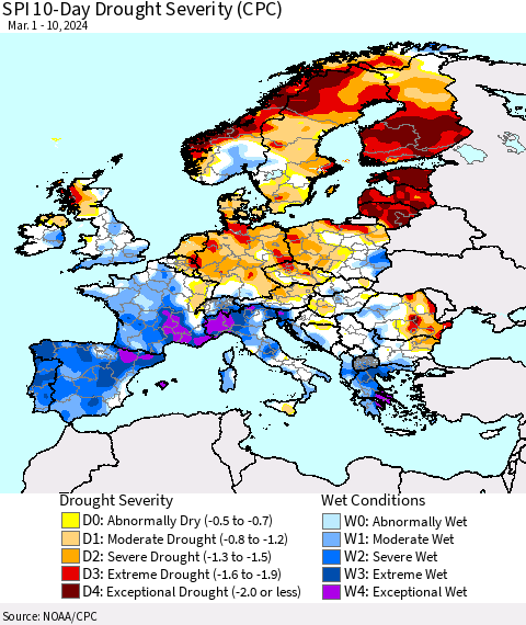 Europe SPI 10-Day Drought Severity (CPC) Thematic Map For 3/1/2024 - 3/10/2024
