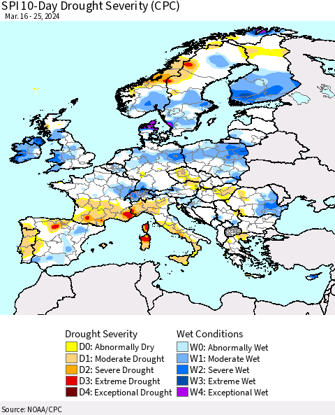 Europe SPI 10-Day Drought Severity (CPC) Thematic Map For 3/16/2024 - 3/25/2024