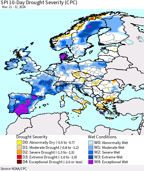 Europe SPI 10-Day Drought Severity (CPC) Thematic Map For 3/21/2024 - 3/31/2024