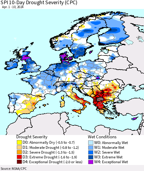 Europe SPI 10-Day Drought Severity (CPC) Thematic Map For 4/1/2024 - 4/10/2024