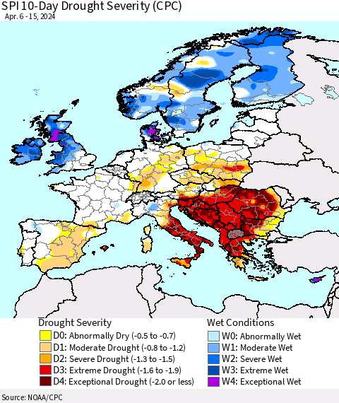 Europe SPI 10-Day Drought Severity (CPC) Thematic Map For 4/6/2024 - 4/15/2024