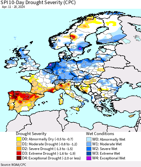Europe SPI 10-Day Drought Severity (CPC) Thematic Map For 4/11/2024 - 4/20/2024