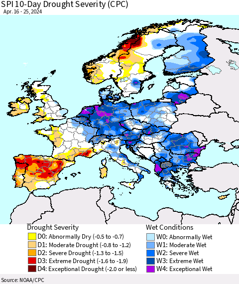 Europe SPI 10-Day Drought Severity (CPC) Thematic Map For 4/16/2024 - 4/25/2024