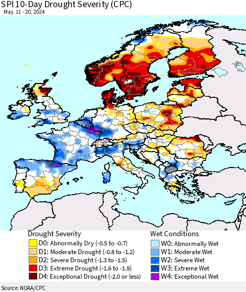 Europe SPI 10-Day Drought Severity (CPC) Thematic Map For 5/11/2024 - 5/20/2024