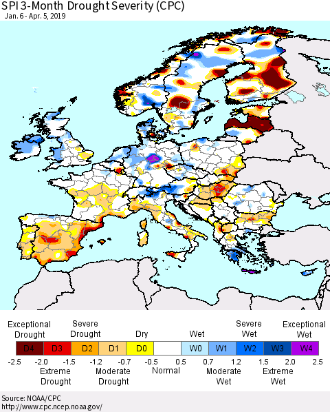 Europe SPI 3-Month Drought Severity (CPC) Thematic Map For 1/6/2019 - 4/5/2019