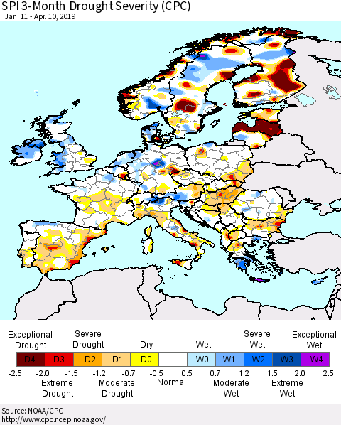Europe SPI 3-Month Drought Severity (CPC) Thematic Map For 1/11/2019 - 4/10/2019