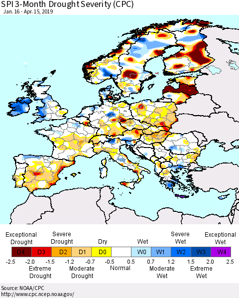 Europe SPI 3-Month Drought Severity (CPC) Thematic Map For 1/16/2019 - 4/15/2019