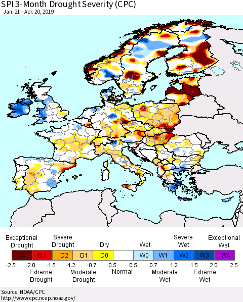Europe SPI 3-Month Drought Severity (CPC) Thematic Map For 1/21/2019 - 4/20/2019