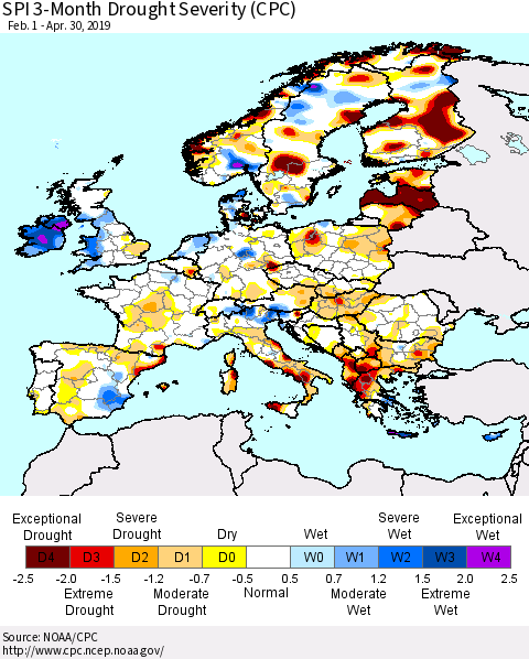 Europe SPI 3-Month Drought Severity (CPC) Thematic Map For 2/1/2019 - 4/30/2019