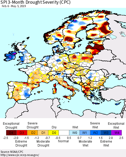 Europe SPI 3-Month Drought Severity (CPC) Thematic Map For 2/6/2019 - 5/5/2019