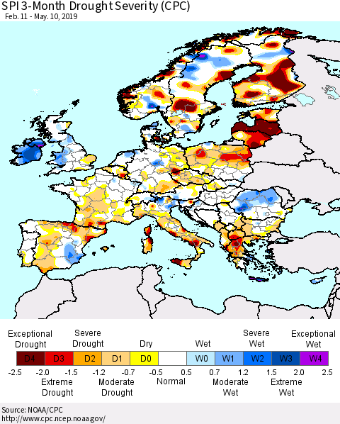 Europe SPI 3-Month Drought Severity (CPC) Thematic Map For 2/11/2019 - 5/10/2019
