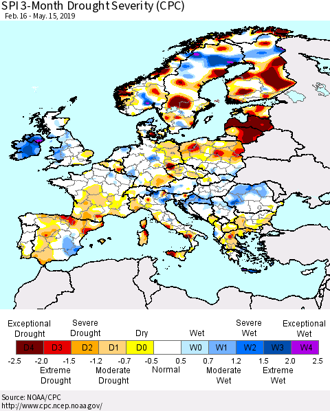 Europe SPI 3-Month Drought Severity (CPC) Thematic Map For 2/16/2019 - 5/15/2019