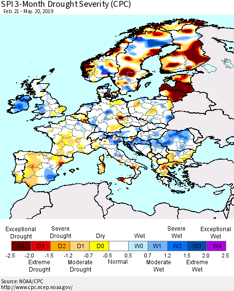 Europe SPI 3-Month Drought Severity (CPC) Thematic Map For 2/21/2019 - 5/20/2019