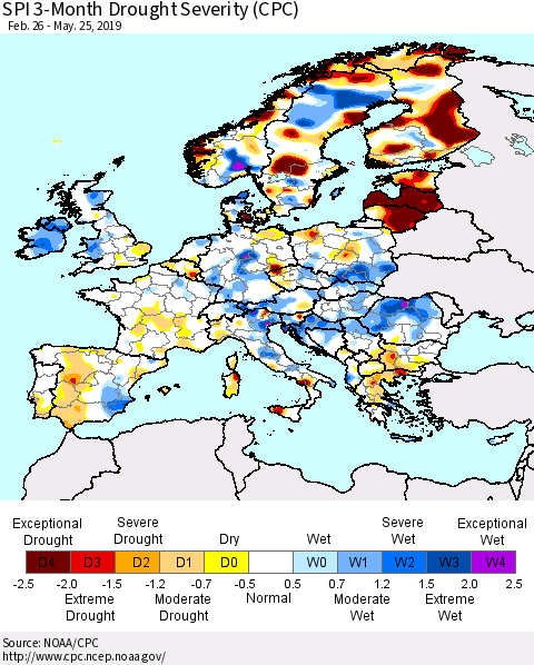 Europe SPI 3-Month Drought Severity (CPC) Thematic Map For 2/26/2019 - 5/25/2019
