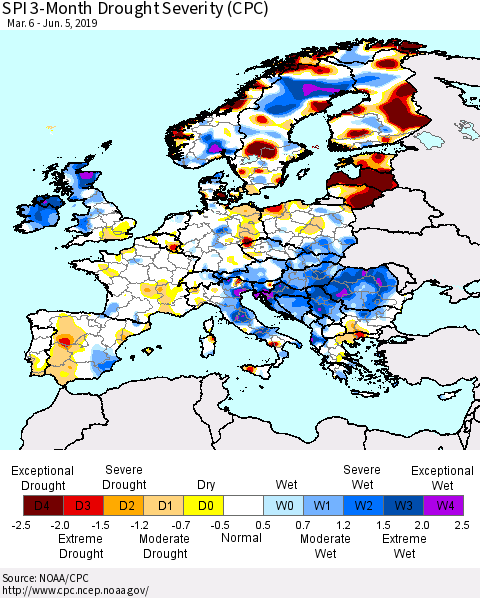 Europe SPI 3-Month Drought Severity (CPC) Thematic Map For 3/6/2019 - 6/5/2019