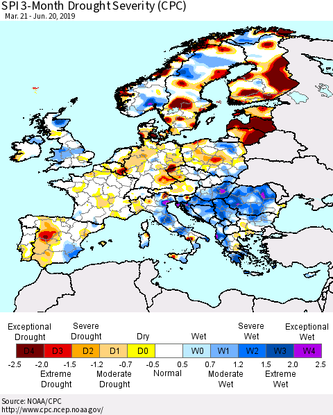 Europe SPI 3-Month Drought Severity (CPC) Thematic Map For 3/21/2019 - 6/20/2019