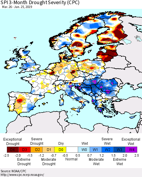 Europe SPI 3-Month Drought Severity (CPC) Thematic Map For 3/26/2019 - 6/25/2019