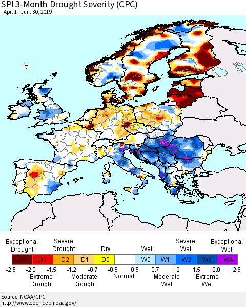 Europe SPI 3-Month Drought Severity (CPC) Thematic Map For 4/1/2019 - 6/30/2019
