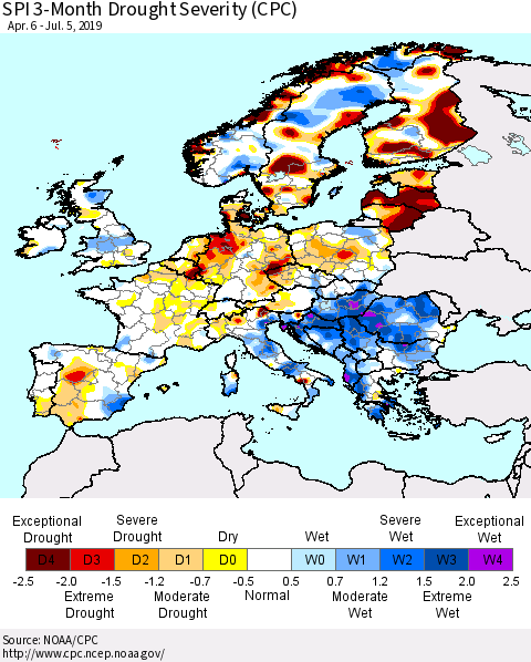 Europe SPI 3-Month Drought Severity (CPC) Thematic Map For 4/6/2019 - 7/5/2019
