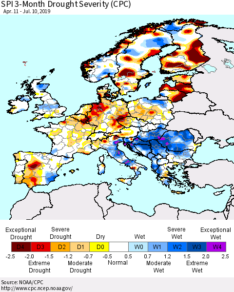 Europe SPI 3-Month Drought Severity (CPC) Thematic Map For 4/11/2019 - 7/10/2019
