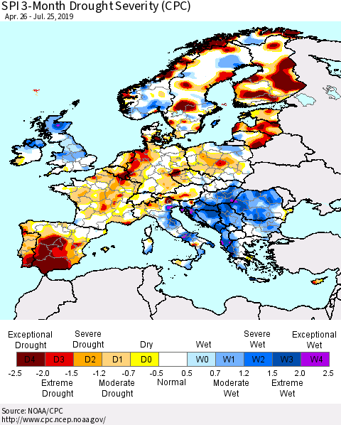 Europe SPI 3-Month Drought Severity (CPC) Thematic Map For 4/26/2019 - 7/25/2019