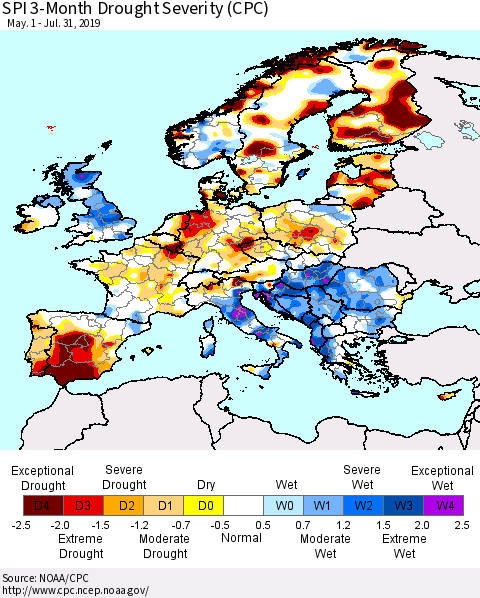 Europe SPI 3-Month Drought Severity (CPC) Thematic Map For 5/1/2019 - 7/31/2019