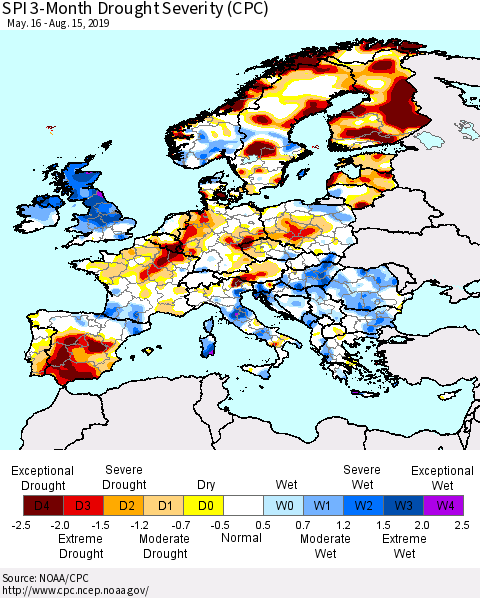 Europe SPI 3-Month Drought Severity (CPC) Thematic Map For 5/16/2019 - 8/15/2019
