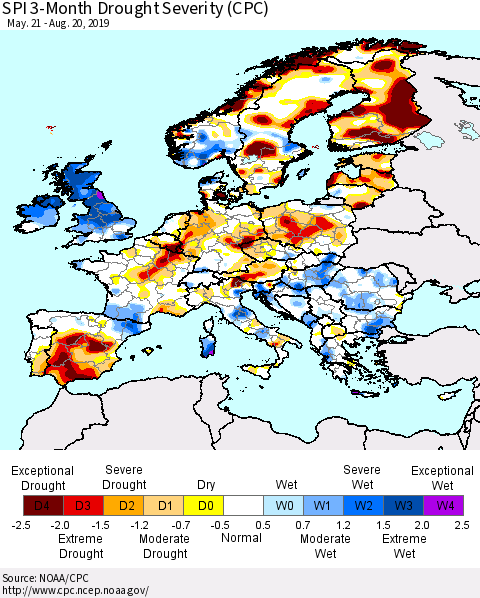 Europe SPI 3-Month Drought Severity (CPC) Thematic Map For 5/21/2019 - 8/20/2019