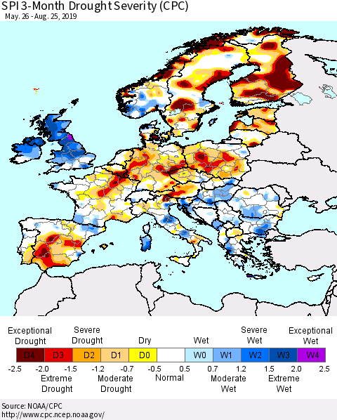 Europe SPI 3-Month Drought Severity (CPC) Thematic Map For 5/26/2019 - 8/25/2019