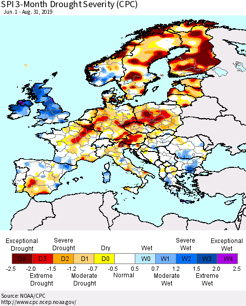 Europe SPI 3-Month Drought Severity (CPC) Thematic Map For 6/1/2019 - 8/31/2019