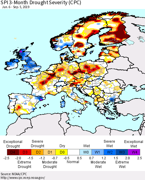 Europe SPI 3-Month Drought Severity (CPC) Thematic Map For 6/6/2019 - 9/5/2019
