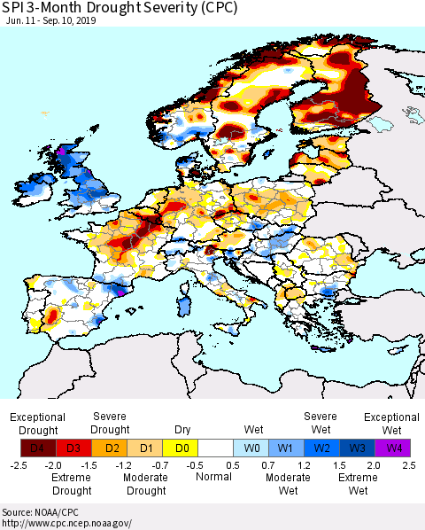Europe SPI 3-Month Drought Severity (CPC) Thematic Map For 6/11/2019 - 9/10/2019