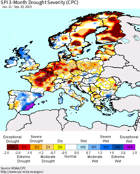 Europe SPI 3-Month Drought Severity (CPC) Thematic Map For 6/21/2019 - 9/20/2019