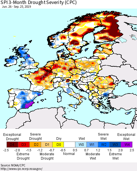 Europe SPI 3-Month Drought Severity (CPC) Thematic Map For 6/26/2019 - 9/25/2019