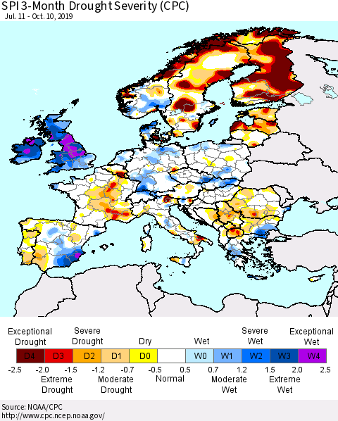 Europe SPI 3-Month Drought Severity (CPC) Thematic Map For 7/11/2019 - 10/10/2019