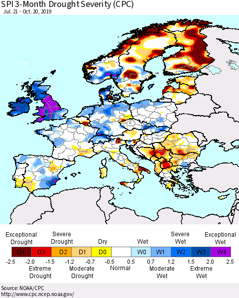 Europe SPI 3-Month Drought Severity (CPC) Thematic Map For 7/21/2019 - 10/20/2019