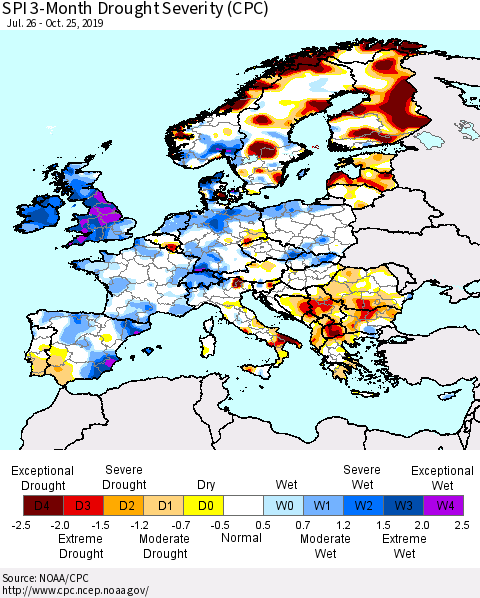 Europe SPI 3-Month Drought Severity (CPC) Thematic Map For 7/26/2019 - 10/25/2019